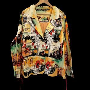 French Postcards Colorful Graphic Paris Cotton Stretch Button Down Blazer 3X